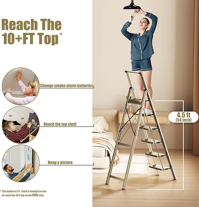 6 Step Ladder, Folding Step Stool with Handgrip and Anti-Slip Wide Pedal, Portable Lightweight Aluminum Stepladder for Kitchen, Home, Library, Office (300 lbs Capacity) - Gold