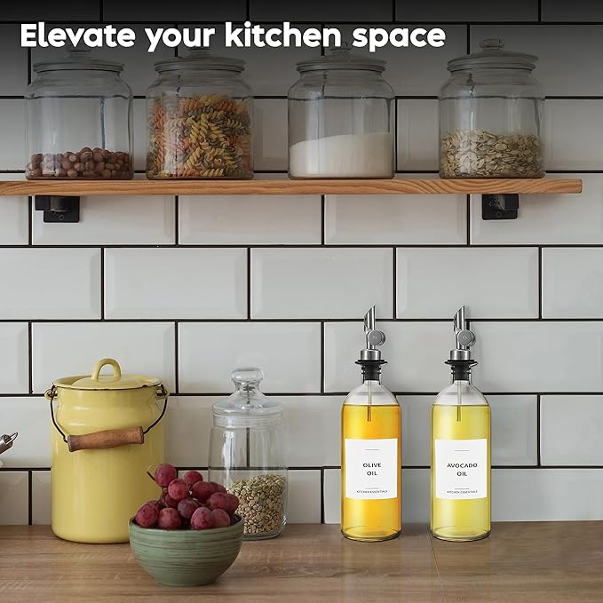 Olive Oil Dispenser Bottle - Includes 55 Kitchen Essential Labels - Cooking Oil Bottles for Kitchen, Coffee Syrup Dispenser - Pourer Spout with 16.9 fl oz Glass Container Cruet - 2pcs Silver