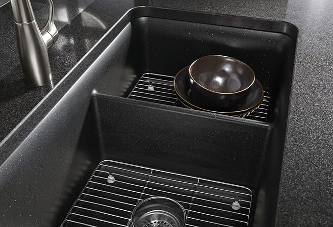 KOHLER K-8204-CM1 Cairn Sink, 33" Neoroc Composite Undermount Double-Bowl Kitchen Sink, Composite Kitchen Sink with Sink Rack, Matte Black