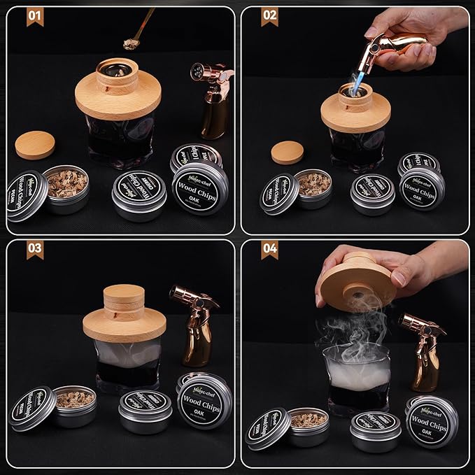 Cocktail Smoker Kit with Torch,High-End Set Old Fashioned Cocktail Kit for Whiskey with Wooden Box for Storage,4 Flavors of,Unique Gift for Men, Fathers,Friends and Elders. (No Butane)