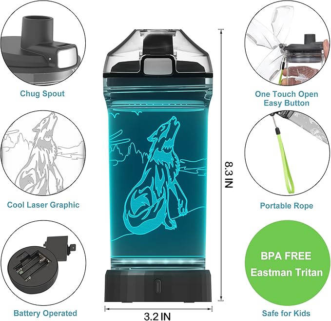 Kids Water Bottle with 3D Glowing Wolf LED Light - 14 OZ Tritan BPA Free - Creative Ideal Travel Cup Wolf Gift for School Kid Boy Child Holiday Camping Picnic
