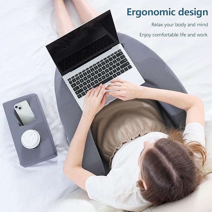 Gaming Pillow for Laptop, Reading Pillows for Sitting in Bed Adult with Cup Holder, Extra Large Memory Foam Lap Desk Pillow with Comfortable Armrests and Side Shelves