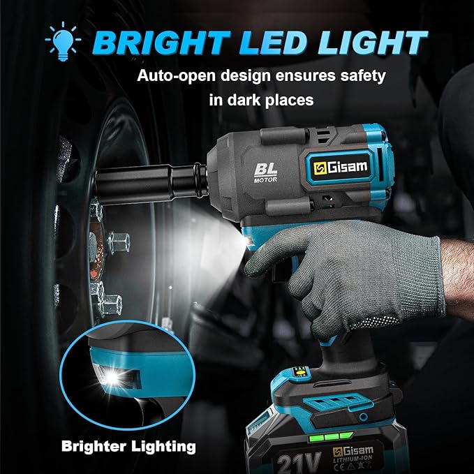 Cordless Impact Wrench, 900FT-LB (1200N.m) Max Torque Brushless Electric Impact Gun, 3-Speed Auto-Off Reverse, LED Work Light - 1/2" Drive for Mechanics, Car Owners & Heavy-Duty DIY
