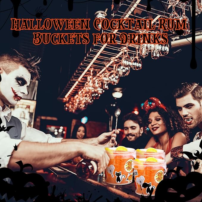 Sliner 20 Pcs 33.8 oz Clear Plastic Bucket with Lid and Handle and 100 Halloween Horror Stickers Halloween Trick or Treat Cocktail Rum Buckets for Drinks Food Storage Container Plastic Pail for Party