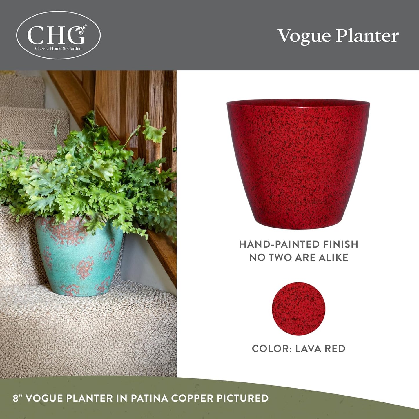 Classic Home and Garden Vogue Planter Pots w/Pottery Quality Finish - Modern Indoor & Outdoor Flower Pots - UV-Resistant Porch Planters - Decorative Pot for Flowers & Herbs (8” Lava Red)
