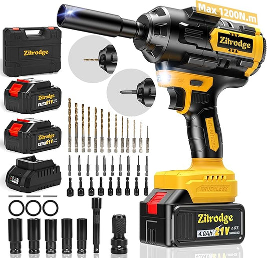 Cordless Impact Wrench 1/2", 900Ft-lbs 1200N.m Brushless Impact Driver, 21V High Torque Impact Gun 4 In I, 16 Sockets, 2x4.0Ah Battery, 23 Drill &Screwdriver Bits for Car, Truck, RV, Home, Tire Repair