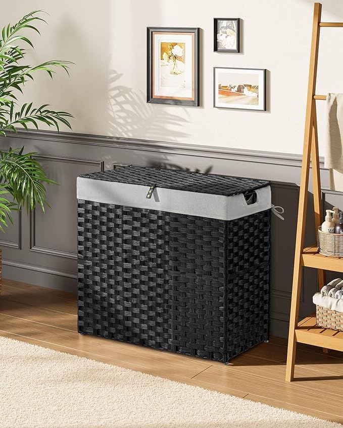 Greenstell Laundry Hamper with lid, No Install Needed, 130L Wicker Laundry Baskets Foldable 2 Removable Liner Bags, 2 Section Clothes Hamper Handwoven Rattan Laundry Basket with Handles, Black