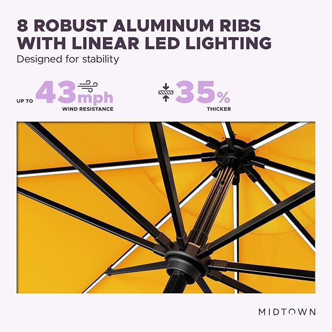 Midtown Umbrellas The LED Swilt 10 Feet Patio Umbrella With Sunbrella Yellow Acrylic Fabric - Auto-Tilt Aluminum Frame With LED Lights For Backyard, Deck, Garden, Pool - Black Pole