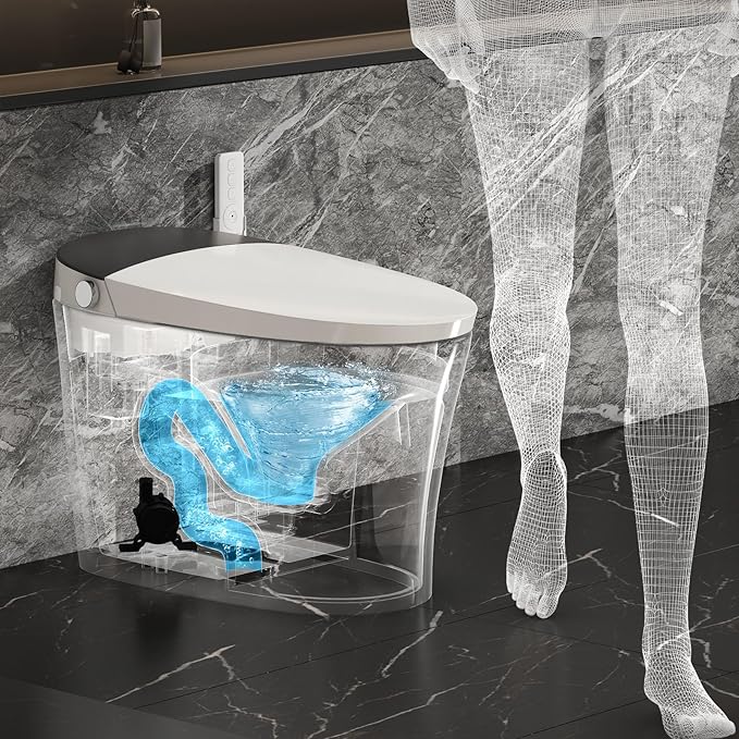 Smart Toilet with Built-in Tank and Air Boost Pump, Powerful Flush, Auto Open/Close Lid, Heated Seat, Smart Toilet with Instant Warm Water Cleaning Foam Dispenser (White Plus)