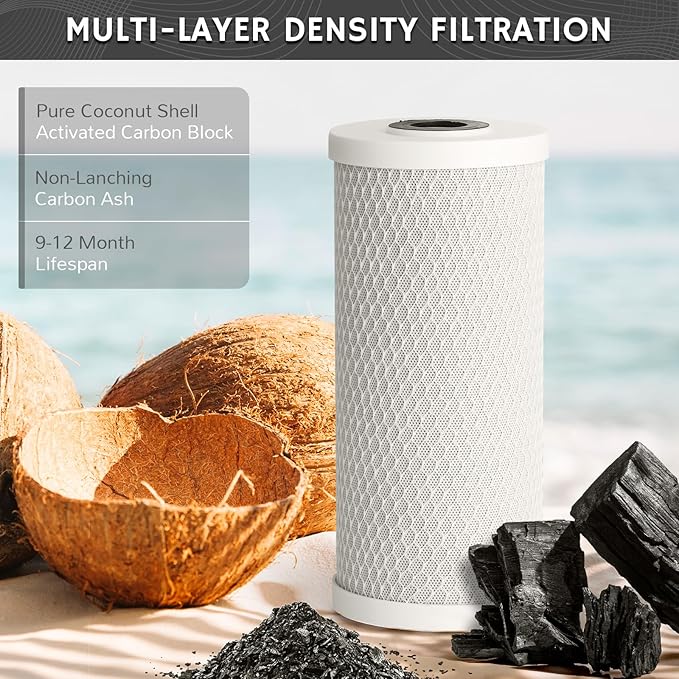 Airthereal 10" x 4.5" Whole House CTO Activated Carbon Water Filter, 5 Micron 10-inch Water Filter Replacement Cartridge for City and Well Water, 4-Pack