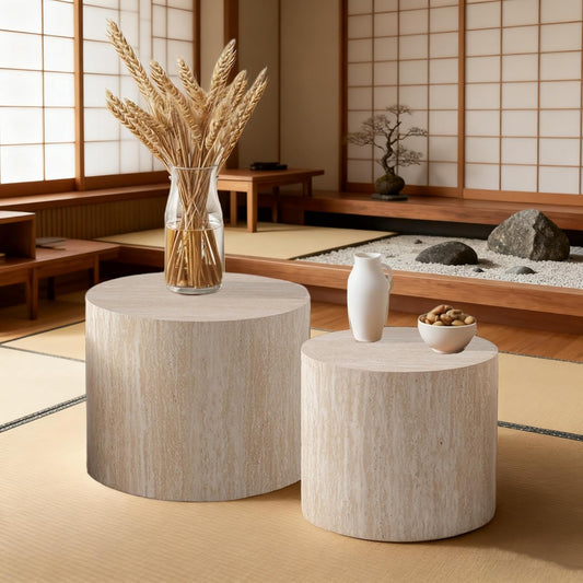 Round Nesting Coffee Table Set of 2 Modern Round Fluted Coffee Table Small Circle Coffee Tables Circular Side Table End Table Nested Coffee Tables for Living Room (Travertine 18in)