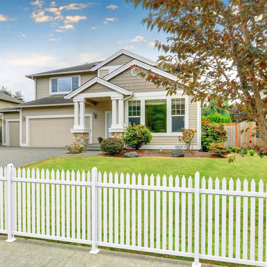 Patio 4 Sets Vinyl Picket Fence Panels 30" H x 84" W White PVC Decorative Fence for Front Yard Porch Patio Deck Pool Air Conditioner Fence Safety Dog Fence (34 Pickets, Straight)