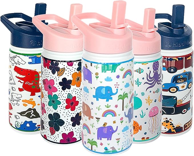 Biddlebee Kids Water Bottle with Straw Lid | 14oz Insulated Stainless Steel Reusable Bottles for School | Leak Proof Cap with Handle & Touch Free Spout | Great for Boys & Girls (Elephants)