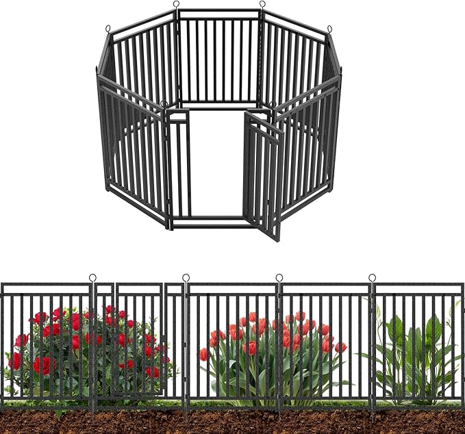 Decorative Garden Fence Metal Dog Fence Outdoor for Yard, 18ft (L) × 40in (H), 7 Panels + 1 Gate, Heavy Duty Animal Barrier Fencing for Patio & Flower Bed, No Dig, Black-Silver