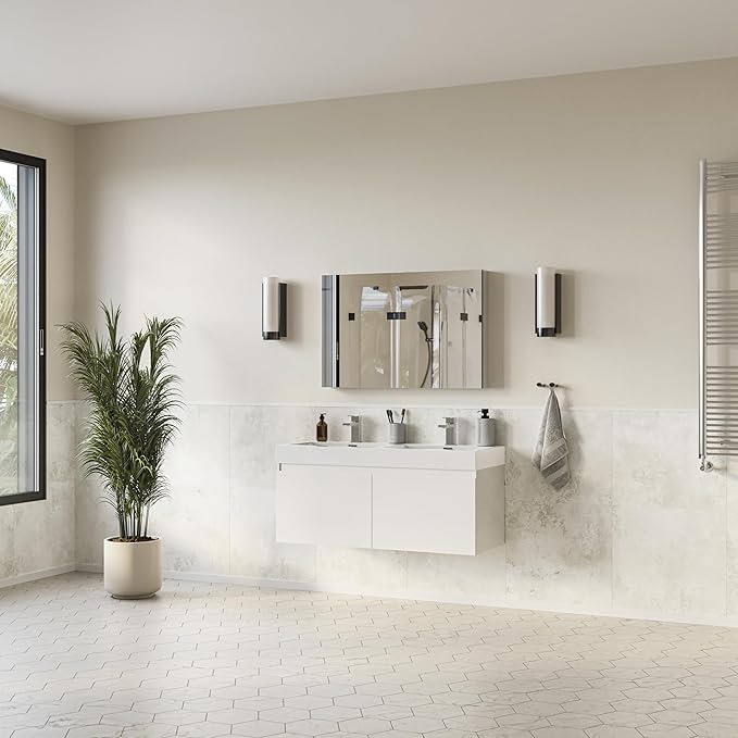 Fresca Mezzo 48 Inch White Wall Mount Modern Double Bathroom Vanity and Medicine Cabinet - Includes Double Integrated Sinks with 4 Soft-Closing Hidden Drawers - Faucets Sold Separately