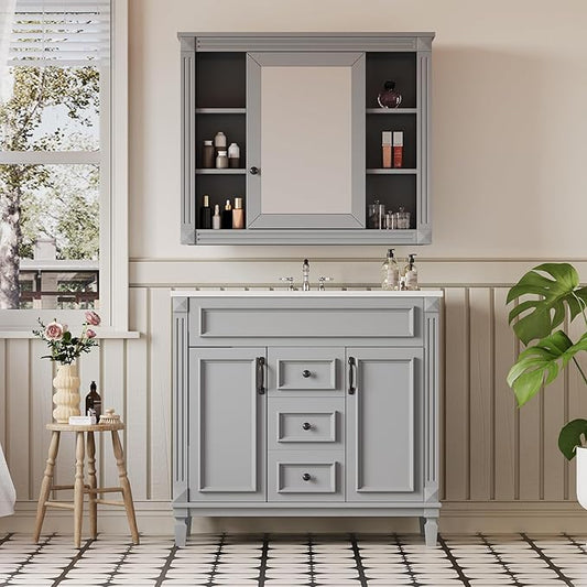 Merax 36" Bathroom Vanity with Sink, 36 inch Bathroom Vanity Storage Cabinet with Matching Mirror Medicine Cabinet, Ceramic Sink Top, Solid Wood Frame, Painted
