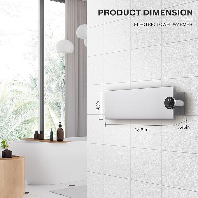 K&KALONZO Electric Towel Warmer, 18.8" W x 4.8" H Wall-Mounted Towel Heater with Built-in Timer, Waterproof Aluminum Towel Warmer for Bathroom, Support Plug-in and Hardwired, Silver, K1-R-S