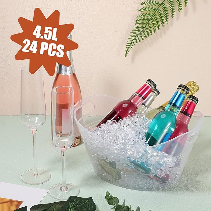 Norme 24 Pcs Oval Storage Tub with Handles, 4.5L Plastic Ice Bucket Wine Beer Champagne Bottle Drink Cooler Tub for Parties Beverage, Storage Basket (Clear)