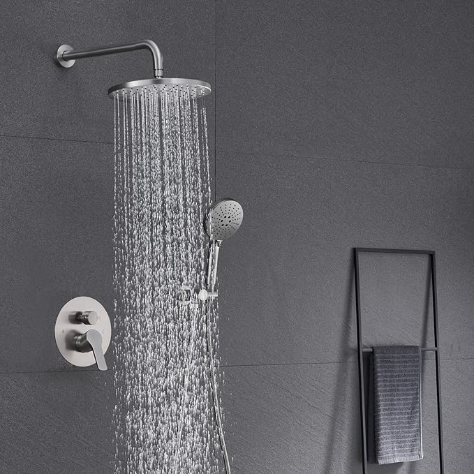 Iriber Shower System Wall Mounted Shower Faucet Mixer Set with Luxury High Pressure Shower head and 3-Setting Handheld, Bathroom Shower Trim Kit Contain Pressure Balance Valve, Brushed Nickel