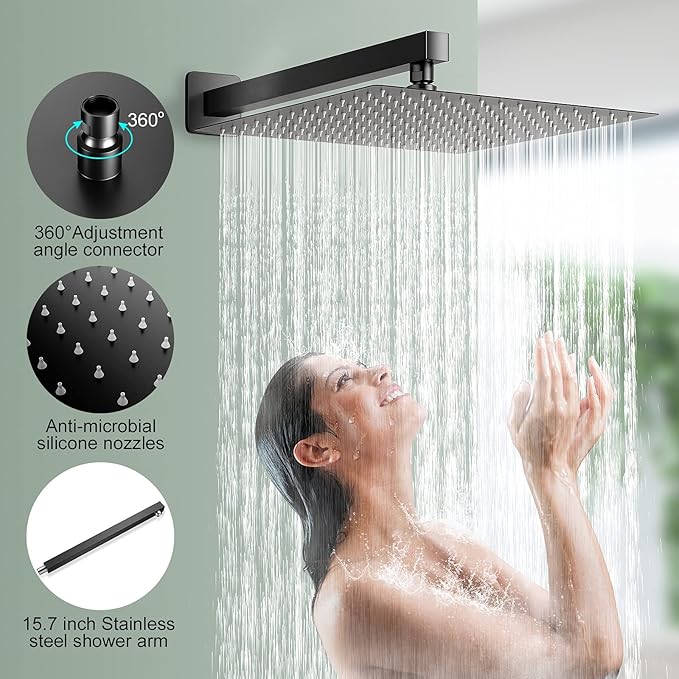 NERDON Shower System, 12 Inch Matte Black High Pressure Rain Shower Head with Handheld, Wall Mounted Mixer Shower Combo Set, Bathroom Rainfall Shower head Shower Faucet Brass Shower Valve and Trim