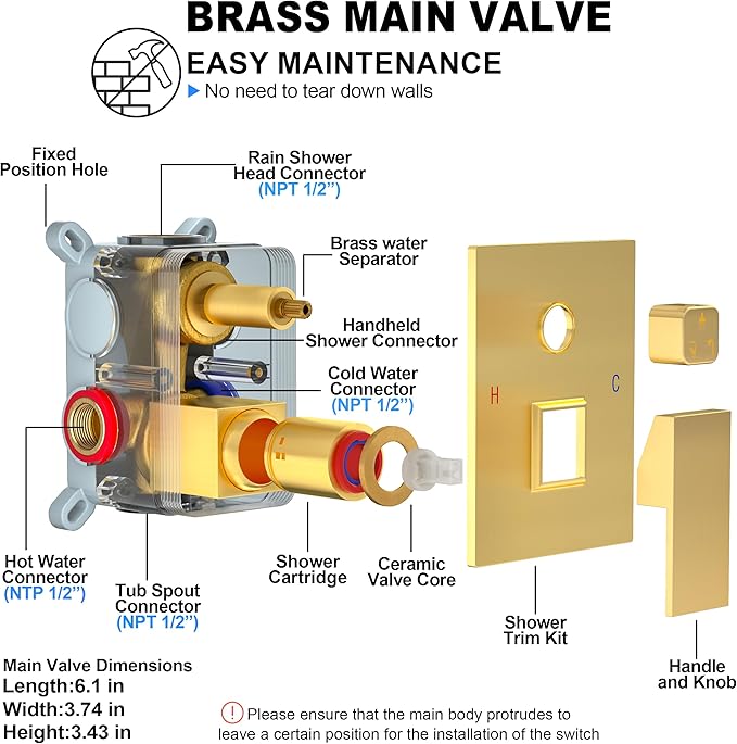 10 Inch Shower Faucet Set with Tub Spout Wall Mounted Shower System for Bathroom with High Pressure 10 Inch Rain Shower head and Handheld Shower Head Set, Brushed Gold