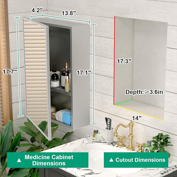 14 x 18 Farmhouse Medicine Cabinet for Bathroom, Small Silver Bathroom Mirror with Storage, Tempered Glass, Frameless Recessed or Wall Mount Aluminum Medicine Cabinet - Pre-Assembled