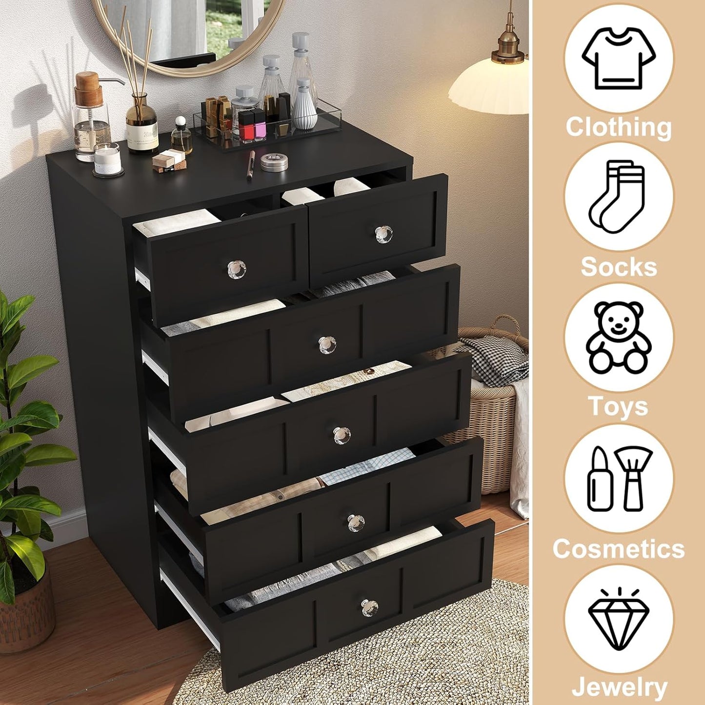 Wood Dresser for Bedroom 6 Drawer: 24" Black Chest of Drawers Wood, Modern Fluted Cabinet with Sturdy Storage, Wide Aesthetic Furniture for Room Organization