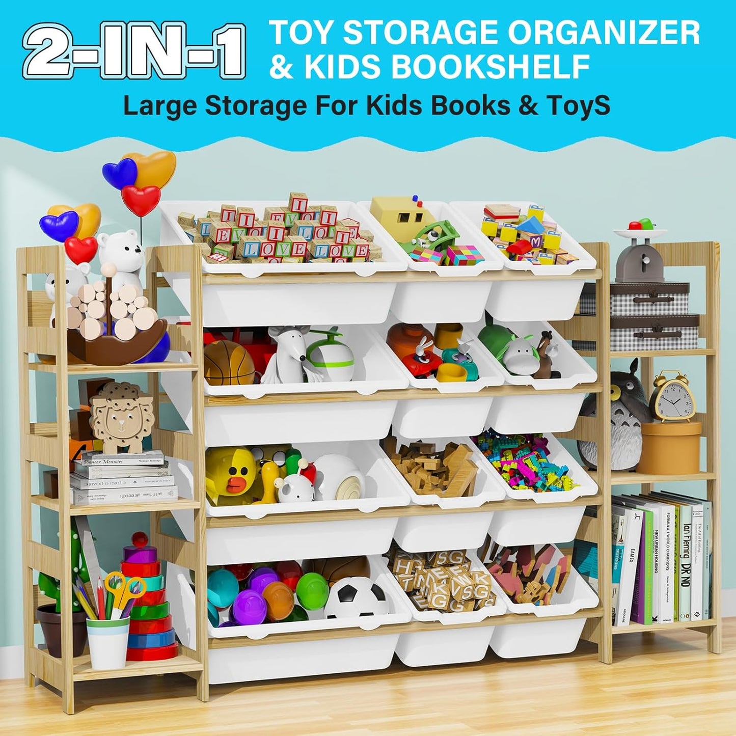Toy Storage Organizer, with 4-Tier Toy Shelf and 12 Bins, Kids Bookshelf and Toy Storage with 6 Shelves for Kids Room Bedroom Playroom Nursery Room
