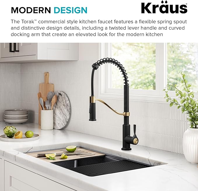 KRAUS Torak Pull Down Kitchen Faucet in Spot-Free Brushed Brass/Matte Black with Commercial Style Spring Spout, 2 Function Sprayer, Pre-Attached Water Lines, and Mounting Hardware, KPF-2635SFBBMB