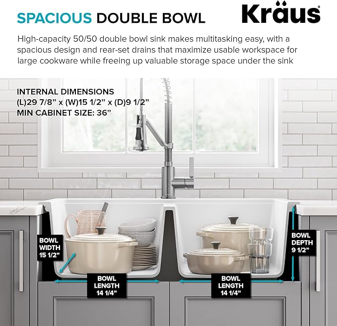KRAUS Quarza 33-inch Granite Drop-In/Undermount 50/50 Double Bowl White Kitchen Sink, KGD-433BWHITE