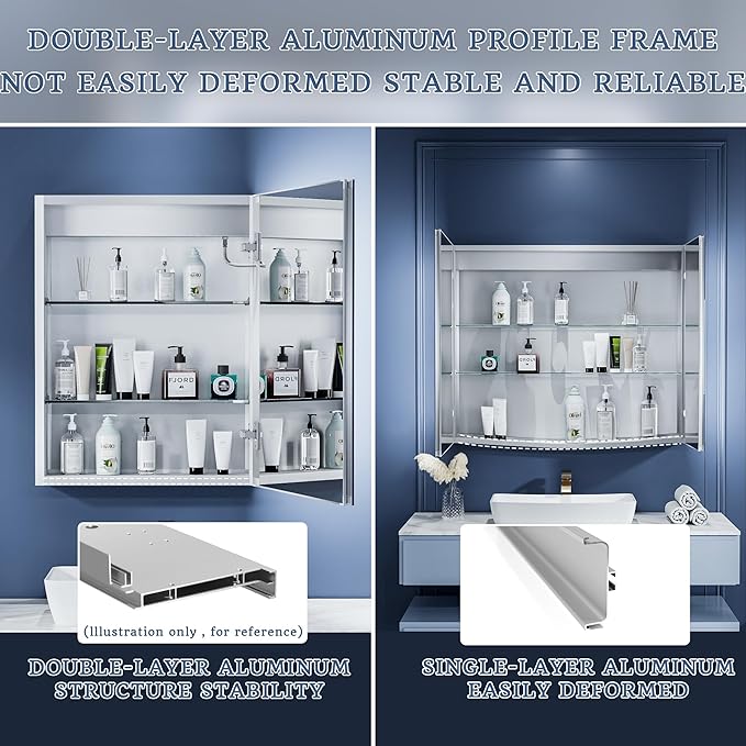 ExBrite Lighted Medicine Cabinet with Mirror, 20 x 26 Inch, Recessed or Surface led Medicine Cabinet, Defog, Stepless Dimming,Color Temperature Change,2 Outlets,Built-in 6000K Sensor Light,Right Hinge