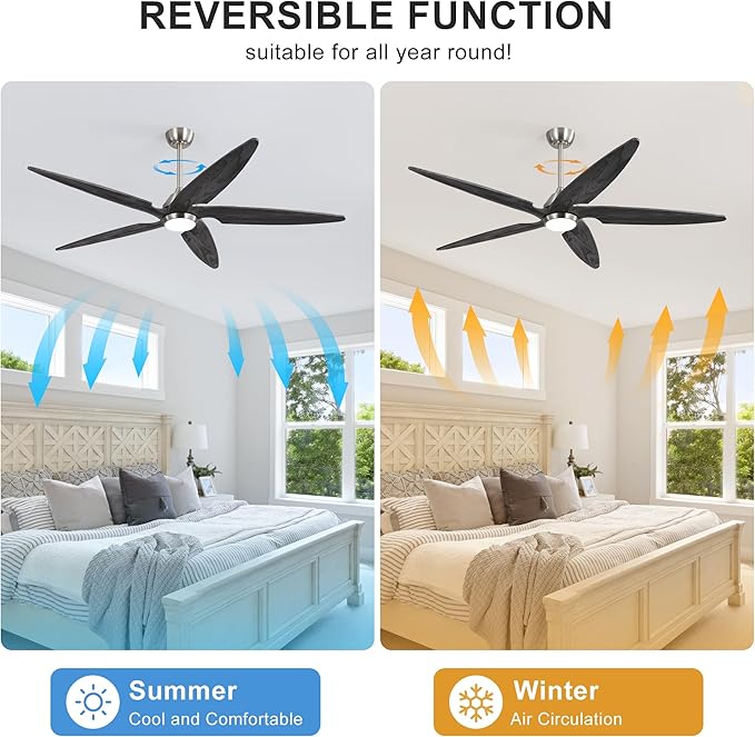 Modern Ceiling Fan with Lights and Remote, 5 Solid Wood Reversible Blades, 6-Speed Noiseless DC Motor with Replaceable Downrods for Bedroom Living Room Dining Room (Nickel and Gray, 64")