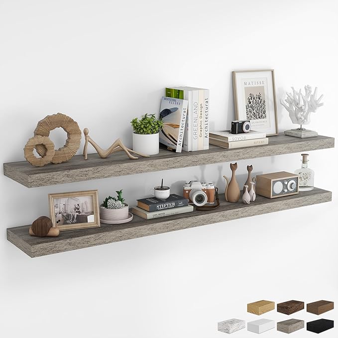 RICHFOCUS 72Inch Floating Shelves for Wall 2 Pack Shelves for Bedroom|Kitchen|Bathroom Wall Mounted Rustic Wood Floating Shelf with Invisible Brackets for Books|Storage|Decor, Grey