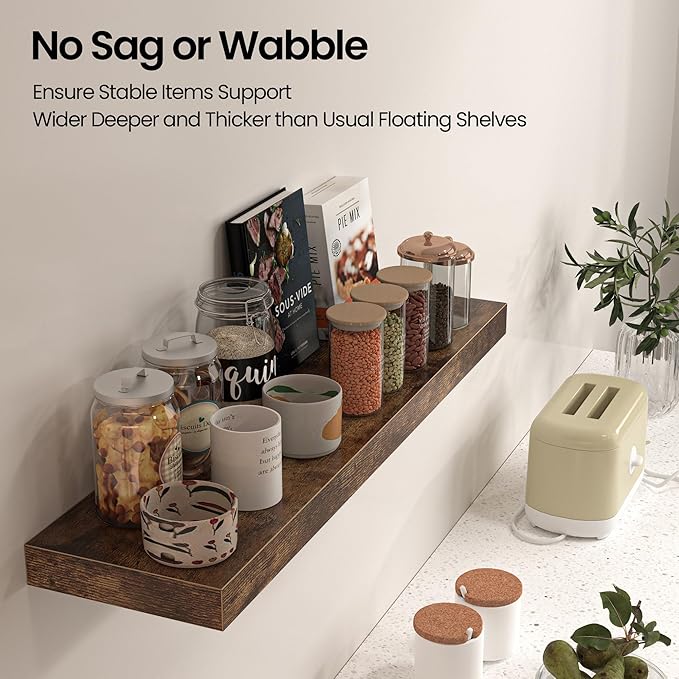 Floating Shelves for Wall, 36"W x 8"D x 1.5"H, Wooden Wall Mounted Display Shelves with Invisible Brackets for Living Room, Bedroom, Bathroom, Kitchen Decor and Storage, Set of 2, Rustic Brown