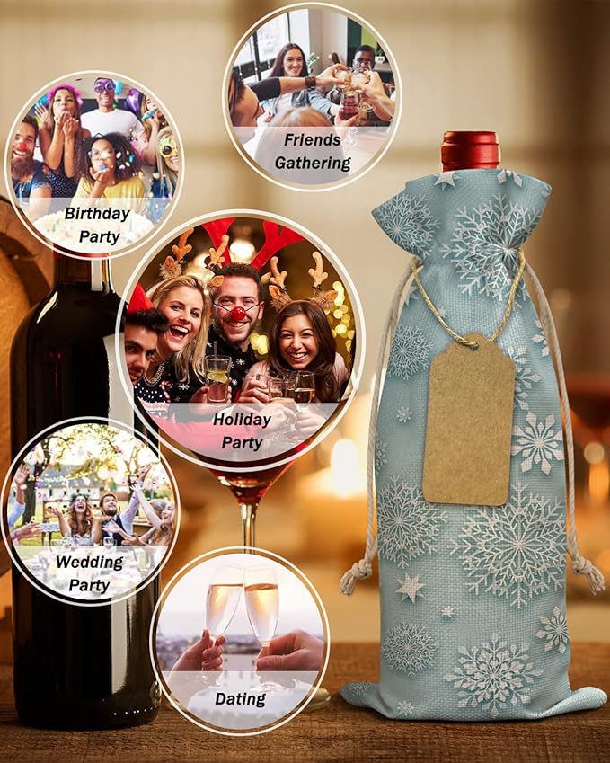 10 Pack Wine Bottle Bags, Christmas Snowflake Wine Bottle Cover with Drawstring, Winter Snowflake Green Backdrop Gift Bag for Champagne Wedding Birthday Party