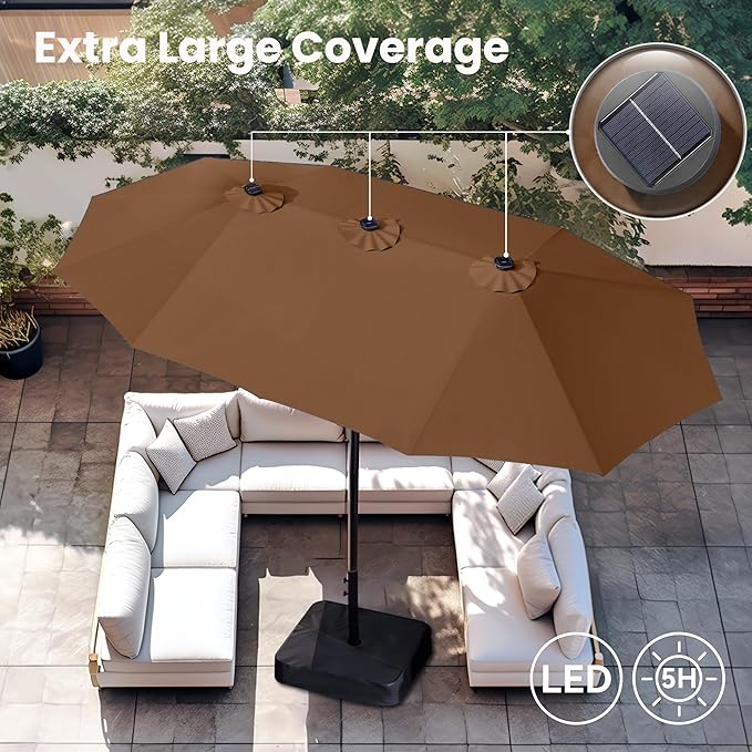 PHI VILLA 15ft Large Patio Umbrella with Solar Lights, Double-Sided Outdoor Market Rectangle Umbrellas with 36 LED Lights, Umbrella Base (Stand) Included, Maillard Brown