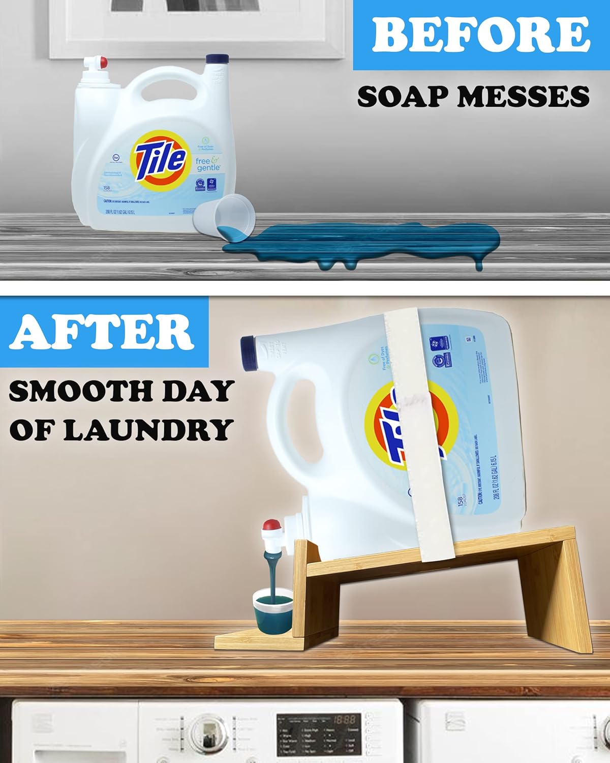 TidyFriend Laundry Detergent Dispenser with Tray & Strap, Laundry Soap Dispenser with Non-Slip Rubber Feet for Washing Room Organization, Easy Pour (Wood)