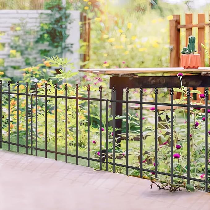 Decorative Metal Garden Fence 24 in H x 16 ft L,8 Panels + 9 Stakes Border Fence Panels Animal Barrier for Dogs, No Dig Garden Fencing for Yard Patio Flower Bed Lawn Outdoor,Black