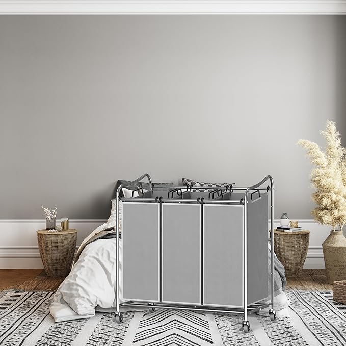 Simple Houseware Heavy-Duty 3-Bag Laundry Sorter Cart, Silver