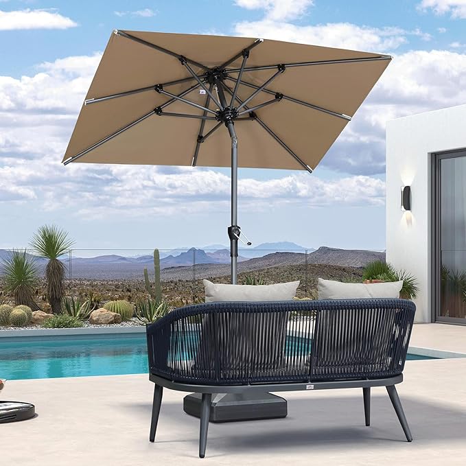 PURPLE LEAF 6' x 4' Rectangular Patio Umbrella Outdoor Table Umbrella Aluminum Frame Market Umbrella Sun Umbrella with 8 Sturdy Ribs Tilt for Garden Deck Lawn Pool Taupe