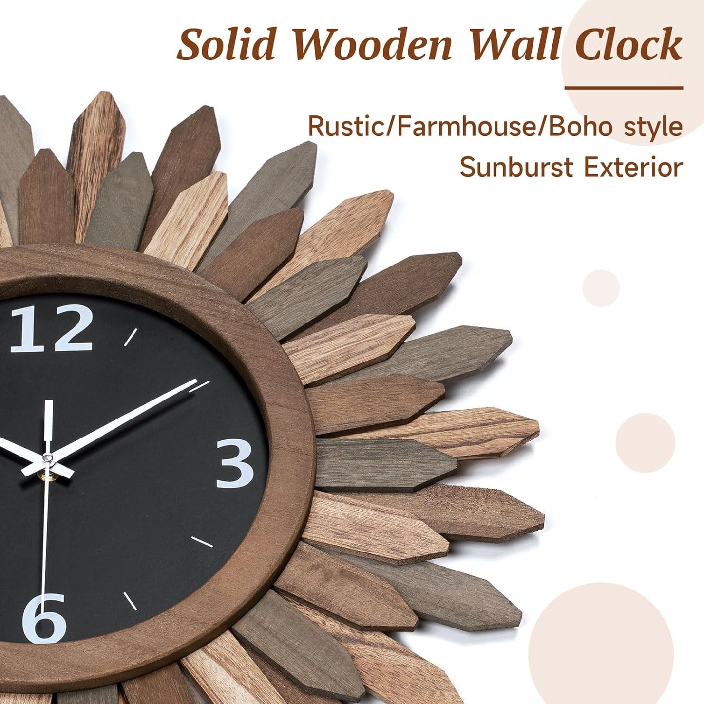 Honiway Large Wall Clock Battery Operated 21 in Rustic Wood Boho Sunburst Decorative Wall Clock Silent Non Ticking Farmhouse Wall Clocks for Living Room Bedroom Kitchen Bathroom Decor (Tricolor)
