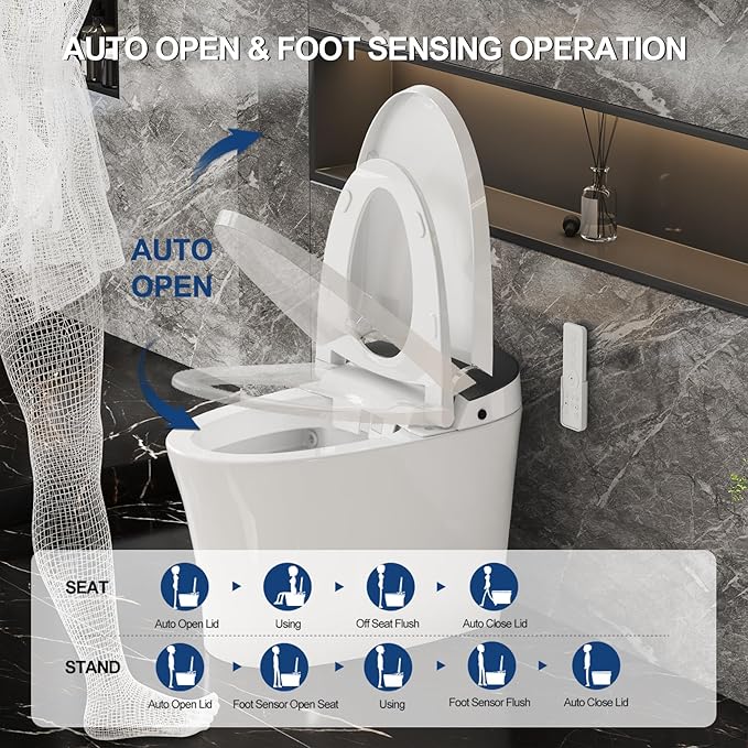 Smart Toilet with Built-in Tank and Air Boost Pump, Powerful Flush, Auto Open/Close Lid, Heated Seat, Smart Toilet with Instant Warm Water Cleaning Foam Dispenser (White Plus)