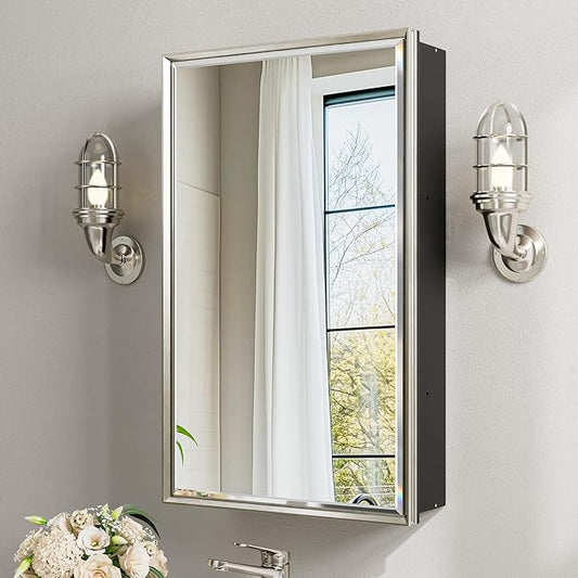 Brushed Nickel Medicine Cabinet, 16''x 26'' Recessed or Surface Framed Medicine Cabinet with Beveled Mirror Pre-Assembled, Reversible Bathroom Storage Vanity Cabinet with Adjustable Shelves