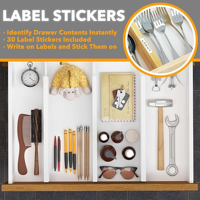 SpaceAid 4 Pack Bamboo Drawer Dividers with Labels, Kitchen Adjustable Drawer Organizers, Expandable Organization for Home Clothes Dressers (17-22 in, White)