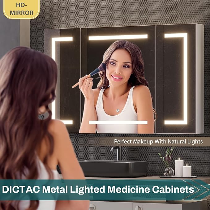 DICTAC Medicine Cabinet with Mirror and LED Light, Wall Mounted Bathroom Mirror with Storage, 2 Doors Bathroom Wall Cabinet, Memory Dimmable 3 Color Temp, Adjustable Shelves, 39.4''x23.6''