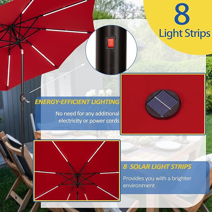 Sunnyglade 9FT Outdoor Solar LED Lighted Patio Umbrella with 8 LED Strip Lights & 8 Ribs, Convenient Crank Lift System