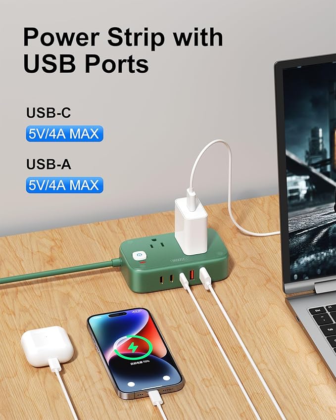Power Strip with USB C - 40W Charging Station with 2 Outlets 3 USB C & 2 USB A - Charger for Multiple Devices, 5Ft Flat Plug Extension Cord for Travel Cruise Ship Office Dorm (Green)