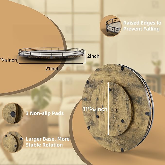 Lazy Susan Turntable Organizer for Table Top, 21’’ Round Wooden Lazy Susan for Cabinet Kitchen Countertop Pantry Dining Coffee Table for Condiments Spices, Rustic Bathroom Vanity Tray for Soap Candle