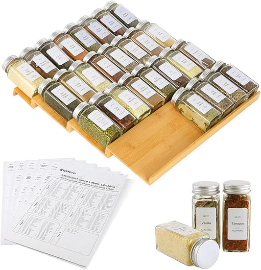 Spice Drawer Organizer with 28 Spice Jars,216 Labels,25 Non-slip Rubber, Bamboo 4 Tier Seasoning Rack Tray Insert for Kitchen Drawers,Cabinets,Countertop,14.6" Wide x 15.8" Deep