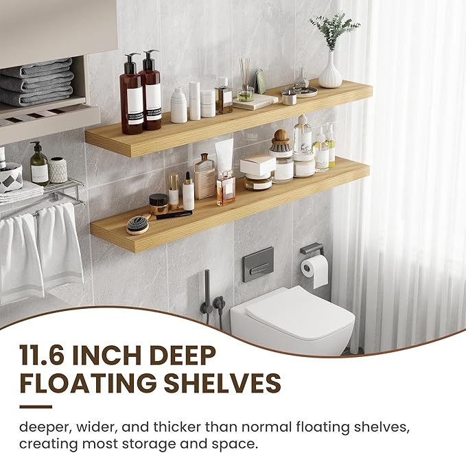 55 Inch Floating Shelves, 11.6 Inch Deep Floating Shelves for Wall, Floating Shelf with Invisible Brackets, Deep Shelves for Bathroom, Bedroom, Living Room, 1 Pack, Natural